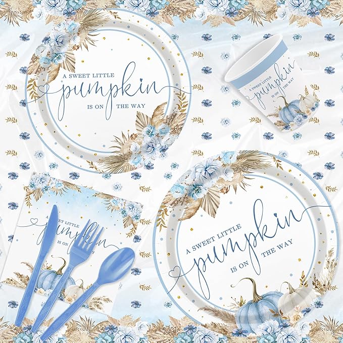 194Pcs Fall Pumpkin Baby Shower Decorations for Boys, Boho Floral Pampas Grass Little Pumpkin Party Supplies Disposable Tableware Set Plates Napkins Banners Plastic Tablecloth for Baby Shower