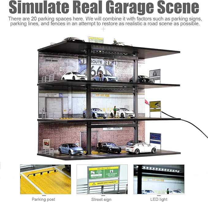 1/64 Scale Display Case 4 Layers 20 Parking Spaces Parking Garage Moldel for Diecast Toy Car Display Case with LED Light Collection Gift