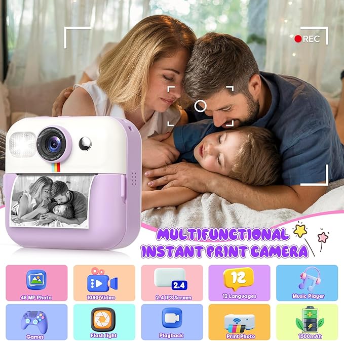 Photomaker Kit Kids 1080P Instant Print Camera for Kid 93 Pcs DIY Journal Kit for Girls Kids Camera Instant Print with 3 Roller Photo Paper Ideas Birthday Gifts and Toys for Girls Boys Age 6-14 Purple