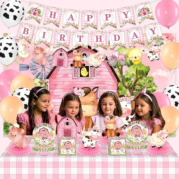 Pink Farm Animal Theme Birthday Party Supplies Decorations Tableware Set for Girl Baby Shower Farm Animal Happy Birthday Banner Backdrop Balloon Tablecloth Plate Napkins Forks Honeycomb Centerpiece