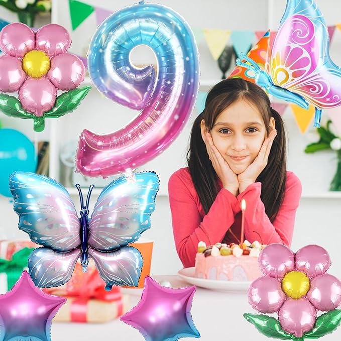 Sowide Butterfly Balloons 9th Birthday Decorations, Pink & Blue, 7pcs Including Giant Number 9, Butterfly, Flower & Star Balloons, Perfect for Girls' 9th Birthday Parties