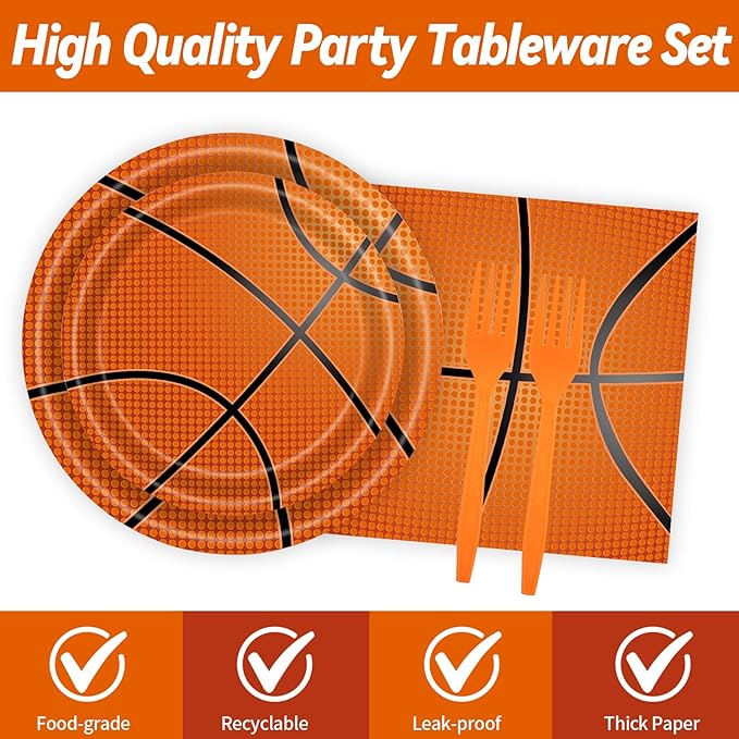 96 Pcs Basketball Paper Plates and Napkins Party Supplies, Basketball Birthday Party Plates Napkins and Forks Disposable Tableware Set for Sports Theme Party Decorations Serves 24 (Basketball)