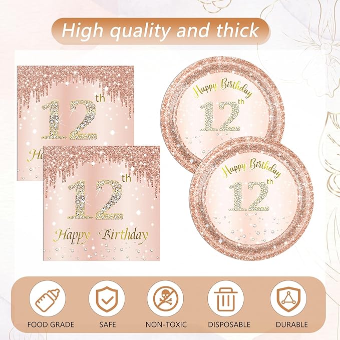 41Pcs 12th Birthday Decorations for Girls Rose Gold 12th Birthday Party Plates and Napkins,Tablecloth Happy 12 Years Birthday Party Tableware Set for 12 Year Old Girls Teenager Party Favor Supplies