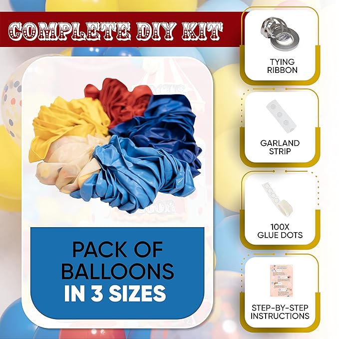 ALL-IN-1 Circus Balloons Arch Kit & Garland for Carnival Party Decorations Theme – Primary Color Balloons in Red Blue Yellow & Rainbow Confetti – Baby Shower Circus Birthday Party Supplies