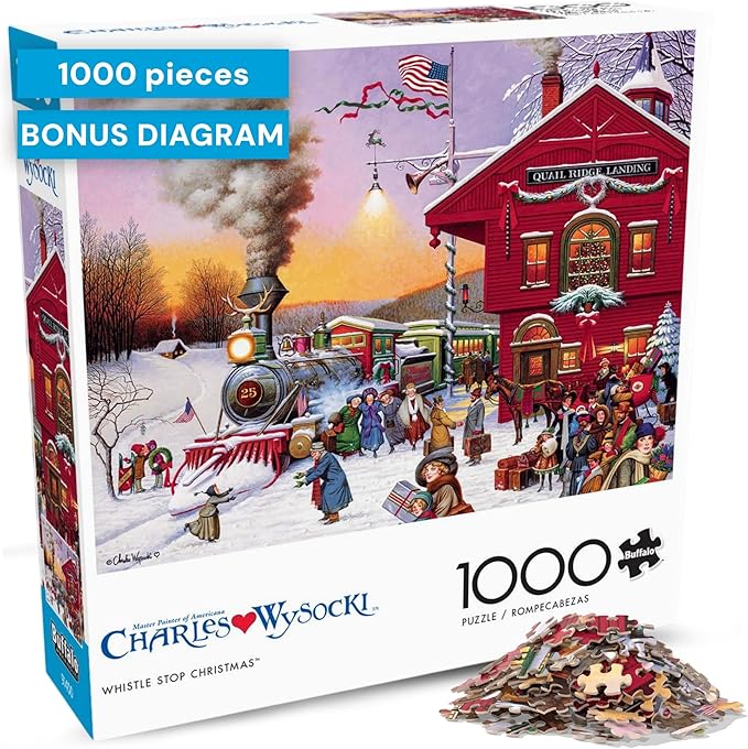 Buffalo Games – Whistle Stop Christmas Jigsaw Puzzle, 1000 Piece Puzzle for Adults, Festive Winter Train Art by Charles Wysocki
