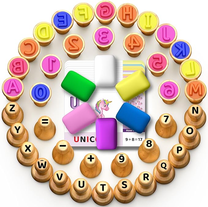 Montessori Wooden Alphabet & Number Stamp Set with Playdough, Flashcards, Toddler Learning Activities for 3-5 Year Olds, Learn ABCs, Numbers, Words, Addition - Preschool Classroom Supplies