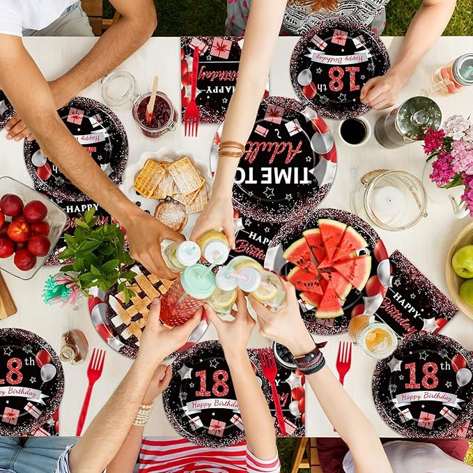 gisgfim 96 Pcs 18th Birthday Party Supplies Paper Plates Napkins Time To Adult Red Black 18 Years Old Birthday Party Dinner Dessert Tableware Set 18th Decorations Favors for Boys Girls Serves 24