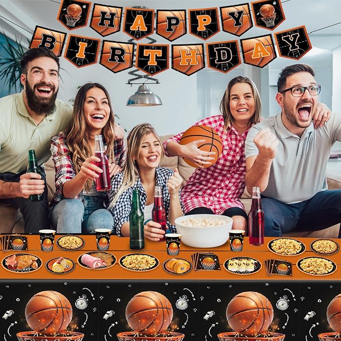 Basketball Party Decorations 98Pcs Basketball Birthday Party Decorations Suppiles Set Include Dinner Plates, Dessert Plates, Napkins, Cups, Banner and Tablecloth Basketball Theme Party Favors Kit