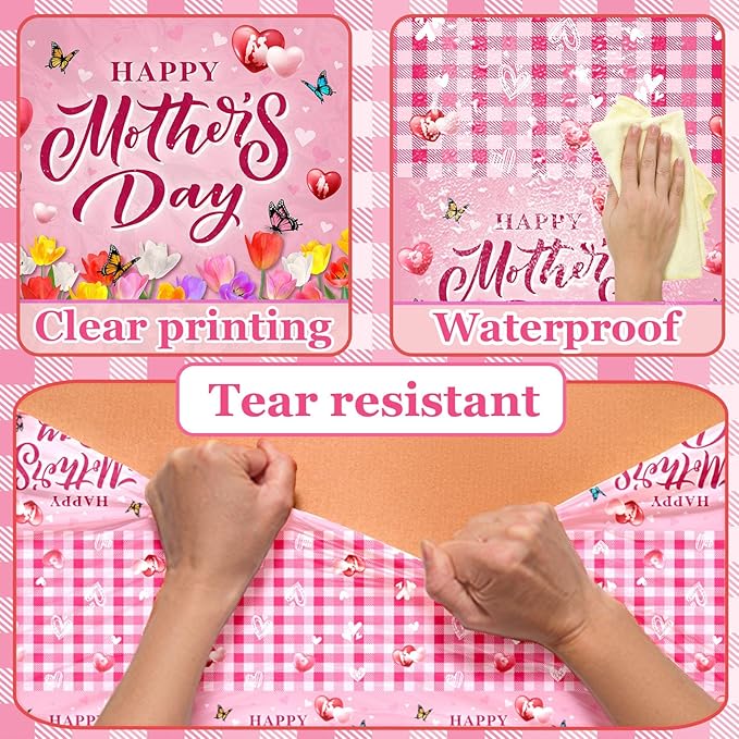 GREHUMOR 3Pcs Happy Mothers Day Tablecloth Mothers Day Party Supplies Pink Mothers Day Floral Flowers Tulip Disposable Rectangle Table Covers for Best Mom Ever Party Table Decorations