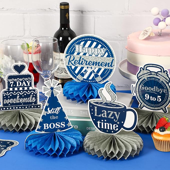 10 Pcs Retirement Party Decorations, Blue Silver Retirement Table Honeycomb Centerpieces Happy Retirement Table Topper for Men Women Happy Retirement Decorations for Party Supplies