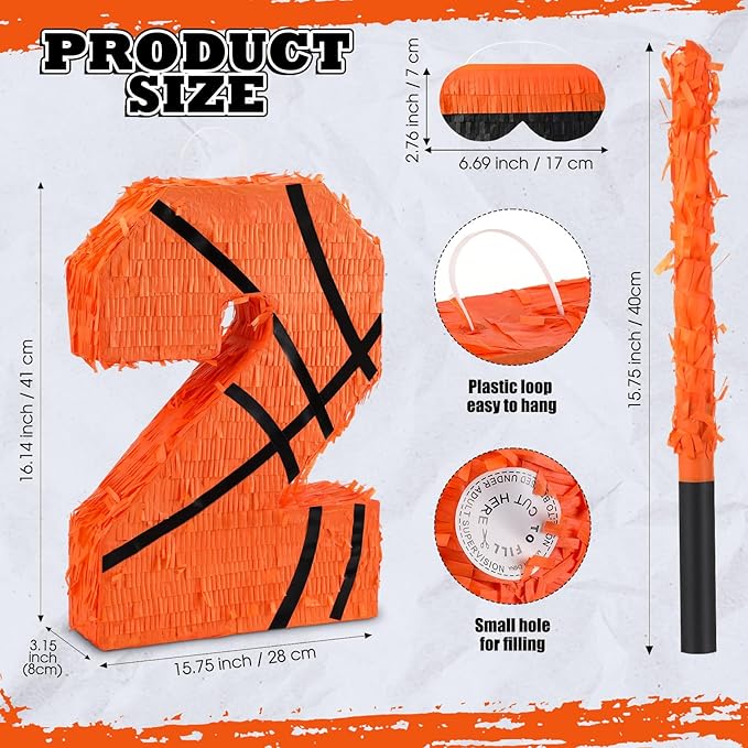 Soulchen Basketball Number 2 3 4 8 Pinata Basketball Party Decorations 16 Inch Piñata with Blindfold Stick and Confetti for Birthday Sports Theme Party Supplies Centerpiece (Number 2)