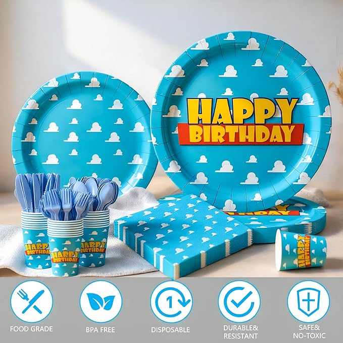 168pcs Cartoon Story Plates Napkins Birthday Party Decorations Disposable Paper Cups Blue Forks Tableware Set Blue Sky White Cloud Party Supplies for Boy kids Birthday Decor Serves 24