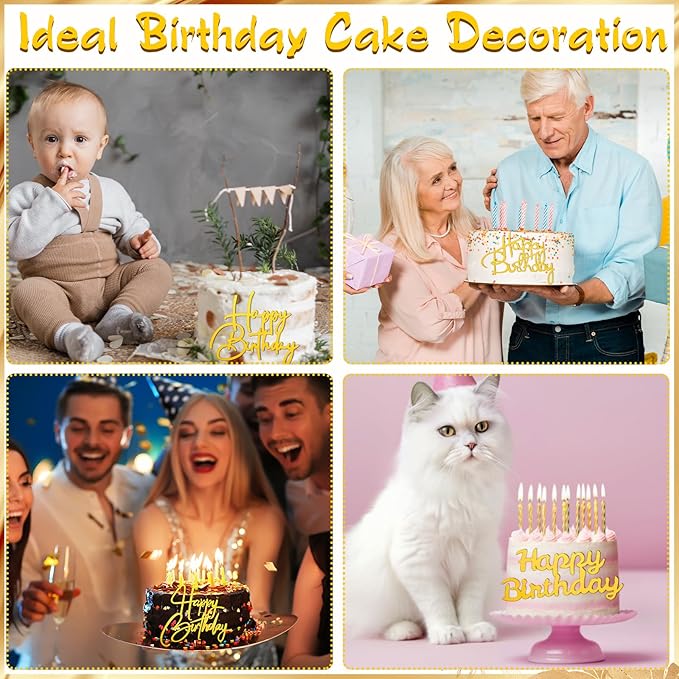 Barydat 50 Pcs Happy Birthday Cake Toppers Bulk Mirror Acrylic Cupcake Topper Cupcake Decorations Happy Birthday Sign for Cake Side Inserts Decor Party Supplies 10 Style(Gold)