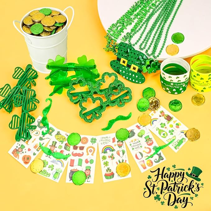 160PCS St. Patrick's Day Accessories Party Favor Set, Shamrock Party Supplies Set with Green Bead Necklaces, Clover Glasses, Mustache, Lucky Coins, Temporary Tattoos, Irish Festival Party Decorations