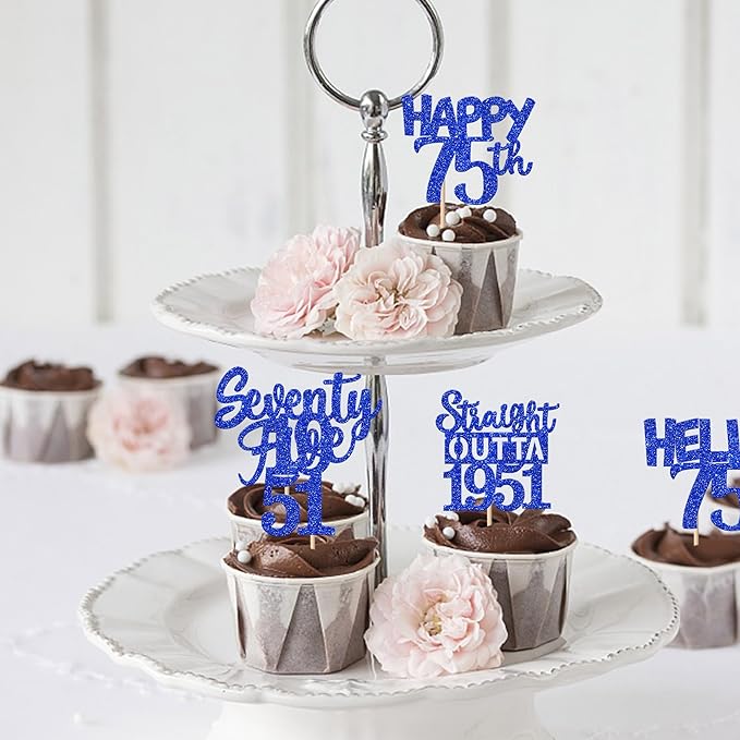 30 PCS 75th Birthday Cupcake Toppers Glitter Seventy Five Happy 75 Straight Outta 1951 Cupcake Picks for Cheers to 75 Fabulous 75th Birthday Anniversary Party Cake Decorations Supplier Blue