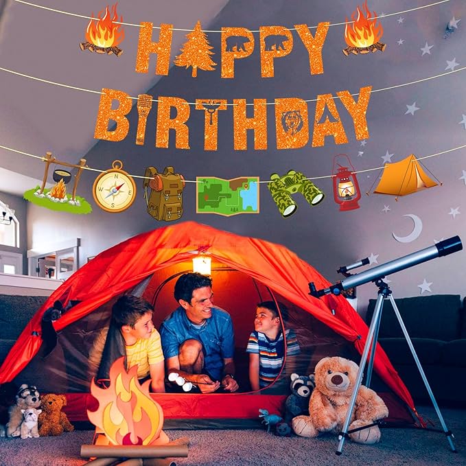 Pre-Strung Camping Party Decorations, NO DIY Glitter Happy Birthday Banner Camping Themed Baby Shower Supplies