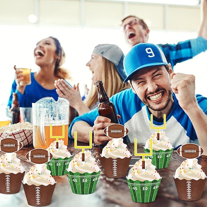 Nuenen 96 Pcs Football Cupcake Toppers and Wrappers Set Football Theme Cupcakes Decorations Sports Game Day Themed Cake Holders and Picks for Birthday Sport Party Decorations Supplies (Classic)