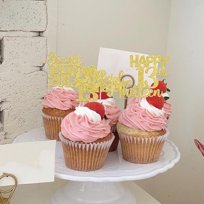 30PCS Happy 13th Birthday Cupcake Toppers Gold Glitter Thirteen Straight Outta 2013 Cupcake Picks Cheers to 13 Years Cake Decorations for 13th Birthday Anniversary Party Decoration Supplies