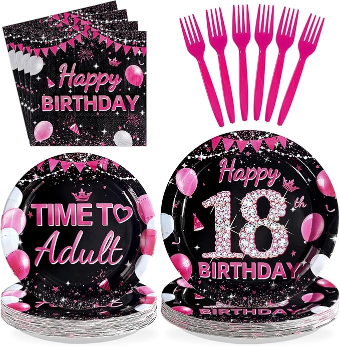 96Pcs 18th Birthday Party Supplies Black and Hot Pink Plates Forks and Napkins Diamond Sweet Theme Disposable Paper Tableware Set for Girls 18 Year Old Birthday Party Supplies Serves 24