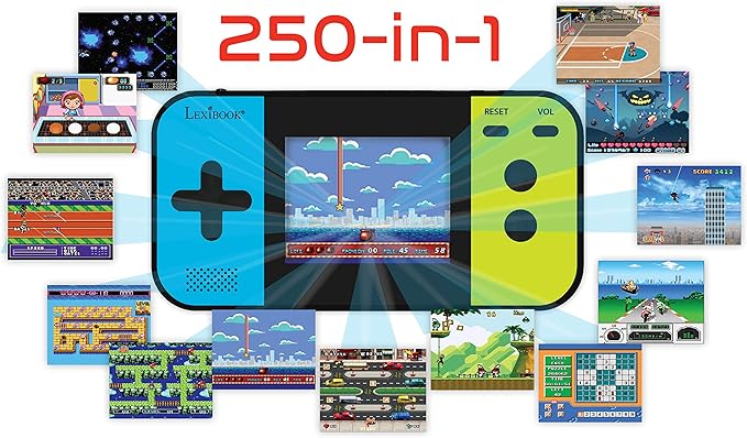 Lexibook Compact Cyber Arcade Portable Gaming Console, 250 Gaming, LCD, Battery Operated, Video Game for Children, Black/Blue/Green, JL2377