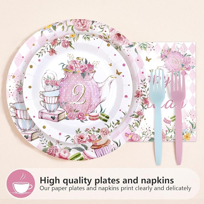 96Pcs Tea for Two Party Supplies Tea 2nd Year Old Girl Birthday Plates and Napkins Pink Floral Teapot Theme Tableware Set for Girls Tea-themed Baby Shower Birthday Party Supplies，Serves 24
