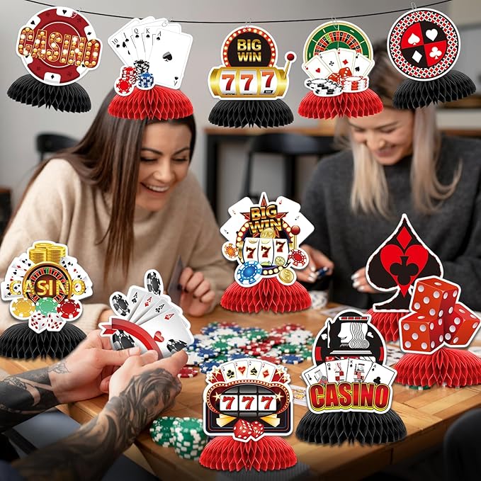 12pcs CasinoTheme Party Decorations,Casino Poker Happy Birthday Decorations, Honeycomb Centerpieces Decor Table for Party Supplies for Casino Table Toppers Casino Game Night Las Vegas Party Favors