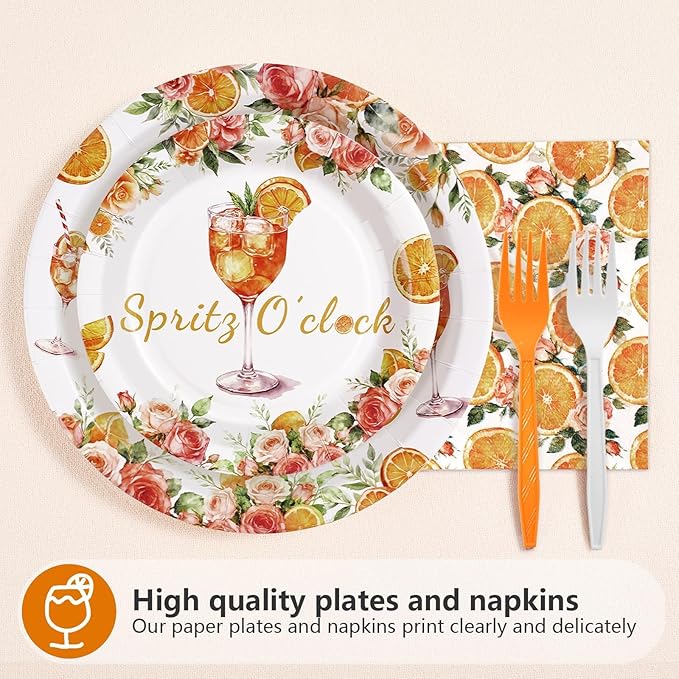 96 Pcs Spritz Party Decorations Just a Spritz Older Paper Plates and Napkins Orange Citrus Tableware Set for Cocktail Engagement Wedding Bachelorette Birthday Party Supplies