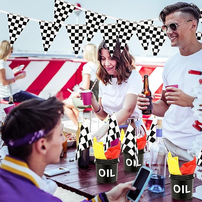 48 Pcs Race Car Party Decorations 6 Sets Racing Table Centerpieces Including 12 Checkered Flags 6 Plastic Drums 6 Oil Stickers 24 Tissue Papers for Race Car Themed Birthday Party Supplies
