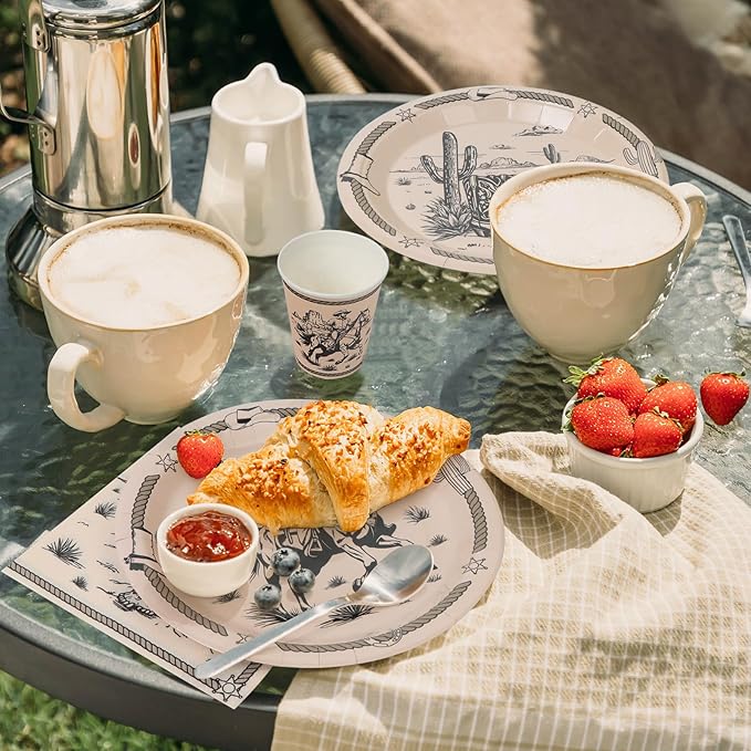 96Pcs Western Cowboy Disposable Tableware Set Cowboy Ranch Bachelorette 7"&9" Plates and Napkins and Cups for 24 Guest Kid Birthday Picnic Party Table Supplies Decorations