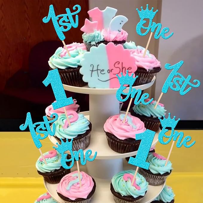 24 PCS 1st Birthday Cupcake Toppers Glitter First Birthday Crown Wild One Cupcake Picks for Baby Shower Kids Boys Girls 1st Birthday Anniversary Boho Theme Party Cake Decorations Supplies Blue
