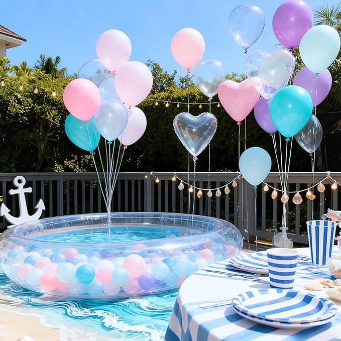Pastel Mermaid Balloons, 50pcs 12 Inch Pink Purple Teal Blue Pearl Pastel Clear Macaron Balloons for Princess Women Girl Ocean Theme Birthday Summer Pool Party Baby Shower Under The Sea Decorations