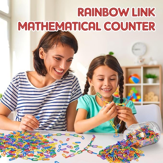 Wettarn Bucket of 1000 Pcs Rainbow C Clip Hooks Chain Links Operation Christmas Plastic Kids Counting Toys Bulk Math Manipulatives Counters for Learning Supplies DIY Education Gifts Fine Motor Skill