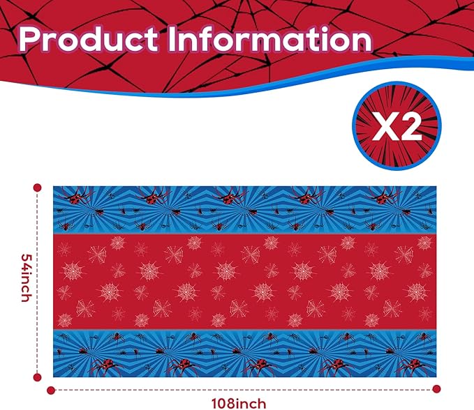Spider Tablecloth 54×108 Inch, Red and Blue Table Cover with Spider Web Design, Disposable Table Decoration for Boys Birthday Party and Superhero Theme Events, Kids Theme Party Supplies