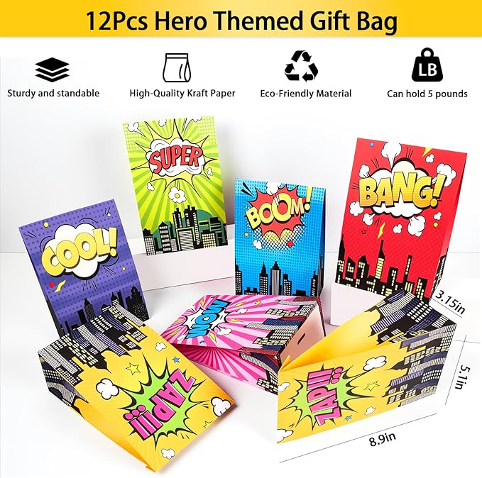 208Pcs Hero Party Favors - for 12 Guests, Hero Birthday Party Supplies, with Mask Straw Slap Bracelets Keychain Party Blowers Stickers Sticky Hands for Goodie Bag Stuffer, Pinata Filler