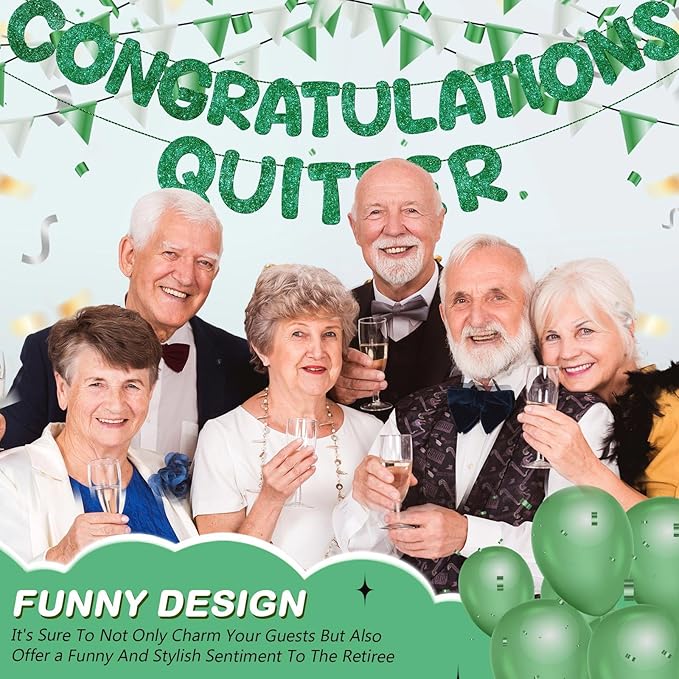 Fulmoon Pre Strung Congratulations Quitter Glitter Banner Funny Retirement Banner Graduation Party Decorations Going Away Supplies Garland for Men Women Gifts, No DIY(Green)