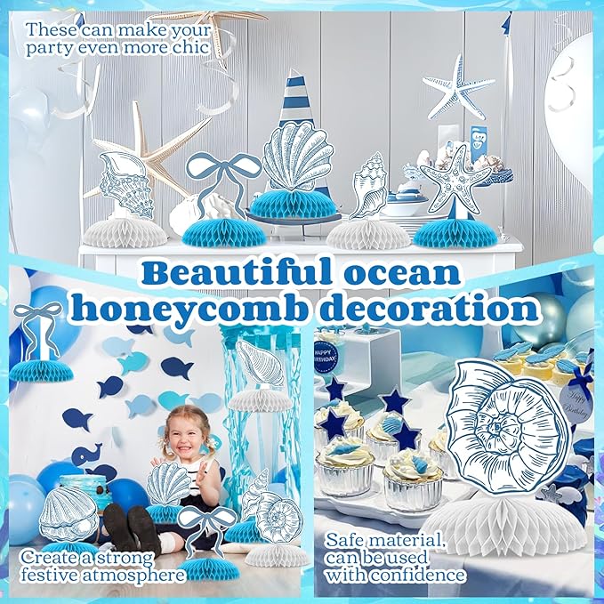 14 Pcs Summer Seashells Party Table Decorations, Ocean Happy Birthday Honeycomb Centerpieces, Party Supplies Birthday Decorations Blue Bow Starfish Seashells for Women Men Baby Shower