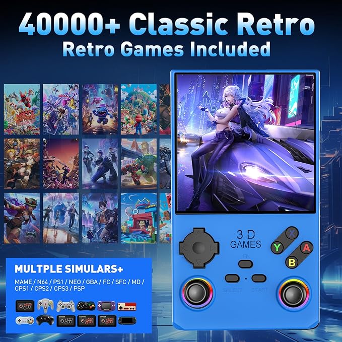 Hugawello R40 MAX handheld device, 40000 in 1 high-definition gaming mini retro video console, 4-inch IPS screen, 256GB RAM, 45 built-in emulators, 3800mAh battery (blue 256GB)