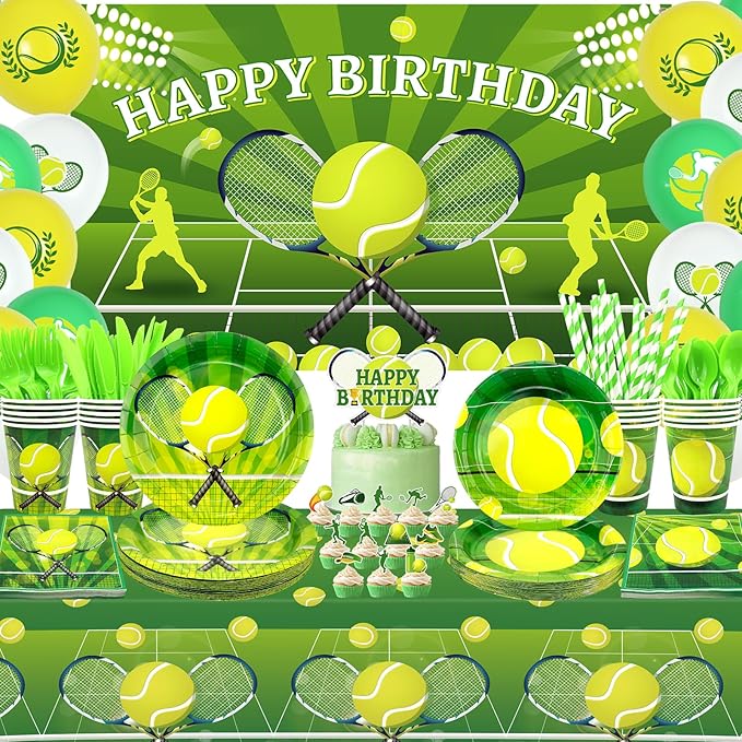 Tennis Birthday Party Decorations - Tennis Party Supplies including Backdrop, Plate, Cake Topper, Cup, Napkin, Balloon, Tablecloth - Serves 20