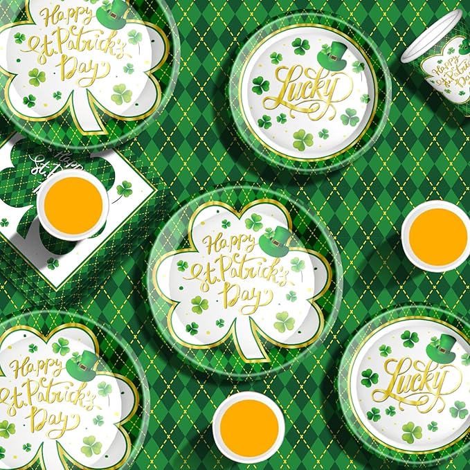 St. Patrick's Day Party Supplies Tableware Set Irish Themed Tableware with Lucky Shamrock Paper Plates Napkins Cups Tablecloth Banner for St. Patrick's Day Party Decorations, Serves 24
