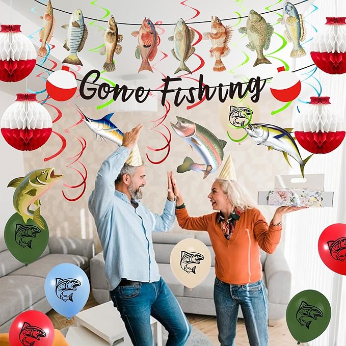 Gone Fishing Party Decorations Kit Include Hanging Banner Swirl Balloons (Gone Fishing)