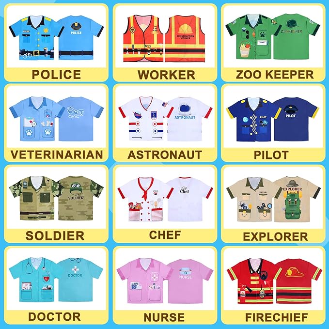 Jiuguva 12 Pcs Kids Role Play Costume Dress up Clothes for Kids Community Helper Career Cosplay Doctor Construction Workers Fireman Police Halloween Costumes for Career Day Pretend Play