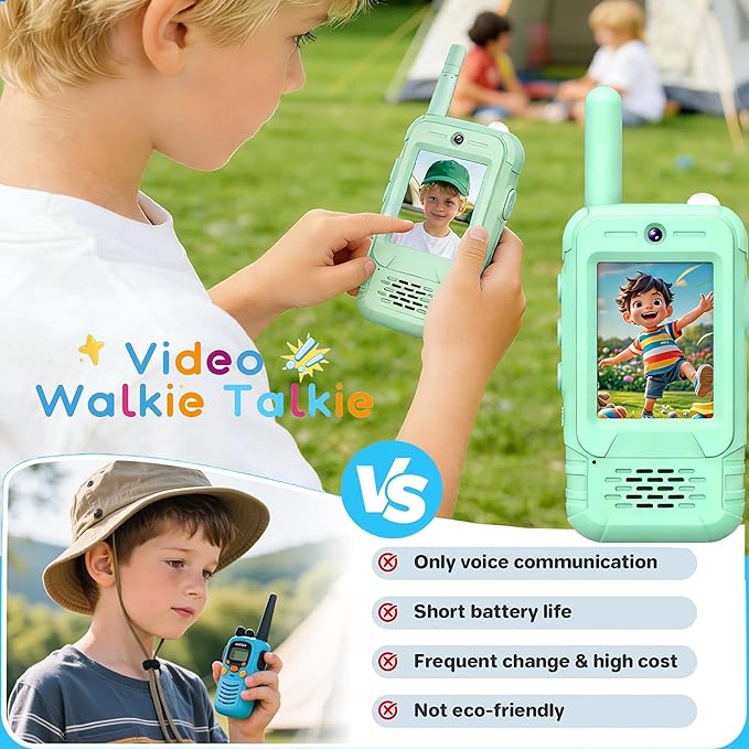 2 Pack Rechargeable Video Walkie Talkies for Kids - Long Range 2-Way Radios with Built-in Torch Light, Belt-Clip Design, Video Intercom & Voice Effects, Gifts & Toys for 3-12 Boys Girls