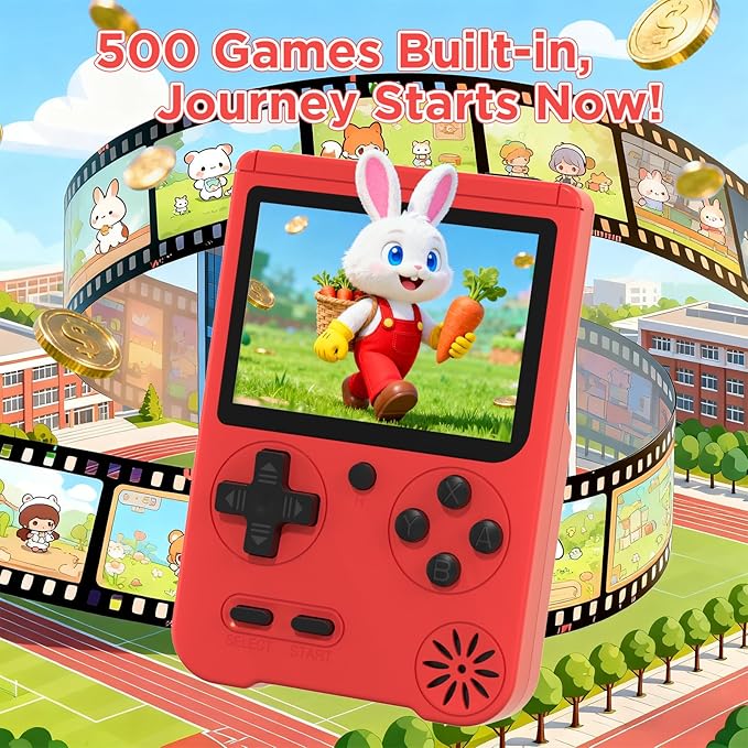 JKV Handheld Game Consoles - 500 Retro Classic Video Games, 1020mAh Rechargeable Battery 3.0" HD Screen, Portable Travel Games Mini Arcade Pocket Player, Support TV, Present for Kids & Adults (Red)