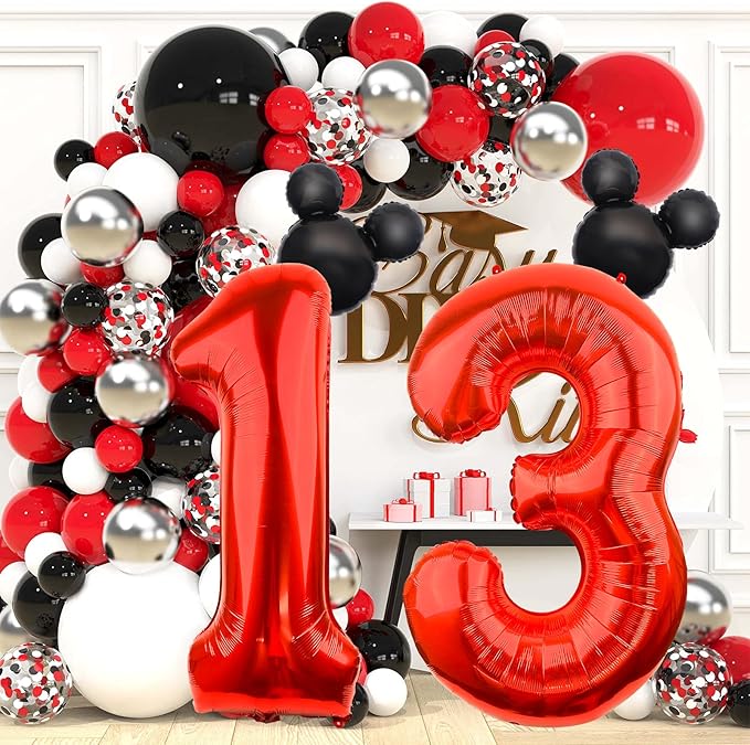 Mouse Number 3 Balloon 40 Inch Red Number 3 Balloon Mini Mouse Head Balloons for 3rd Birthday Party, Black Red Large Numeral Foil Balloons for Baby Shower Anniversary Supplies Decorations
