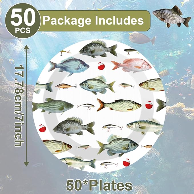 CHUNNIN 50PCS Gone Fishing Party Plates for Fishing Themed Party Decoration 7Inches Ofishally One Birthday Tableware Gone Fish Disposable Dessert Plates for Little Fisherman Birthday Supplies