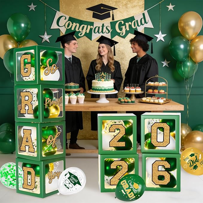 Graduation Decorations 2026 - Green and Gold Graduation Decorations - Set of 4 Balloons Boxes with Letters 2026 GRAD So Proud of You, Congrats Grad Party Decorations for Any Grades