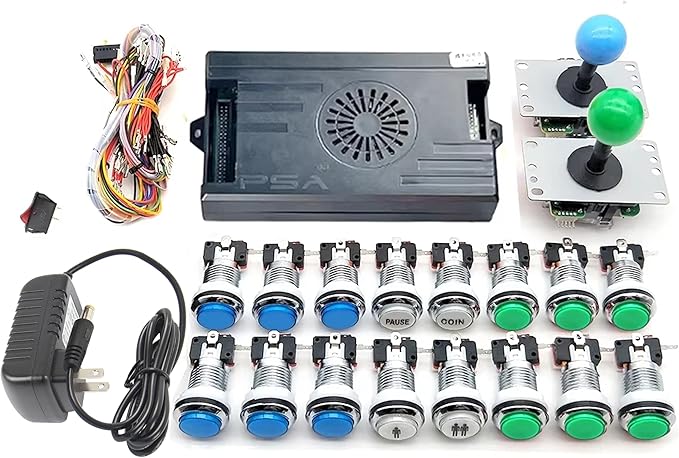 9800 in 1 Arcade Kit Saga Box with Sliver LED Arcade Buttons Mame 5 Pin 8 Way Joystick Arcade DX Kit 4 Players Game for DIY Home Video Game (Blue and Green)