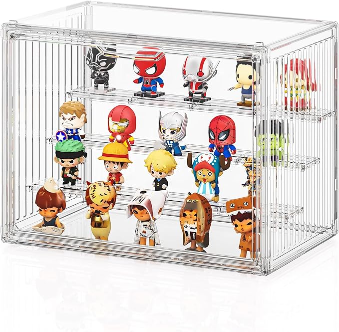 JOYZAN Acrylic Display Cases for Collectibles 4 Layer Adjustable Clear Figure Display Case with Magnetic Door Stackable Collectible Display Box with 3 Movable Plates Blind Box Case - Large 1 Pack
