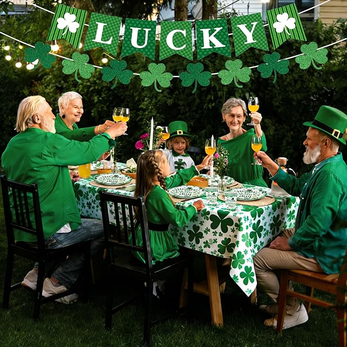 St. Patrick's Day Party Supplies Irish Themed Disposable Dinnerware Set with Lucky Shamrock Plates, Napkins, Cups, Banner and Tablecloth for St Patricks Day Saint Irish Party Decoration, Serves 24