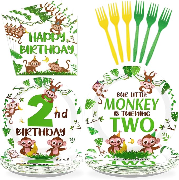 96Pcs Monkey 2nd Birthday Decorations Jungle Wild Animal Plates and Napkins Monkey Theme Disposable Paper Tableware Set for Boys Girls Two Years Old Birthday Party Supplies Serves 24
